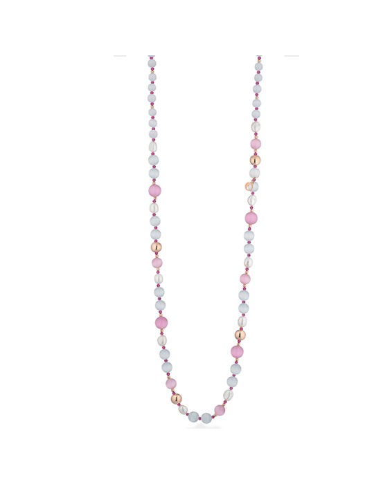 Lelune Glamour Necklace - Spring with Pink Cat's Eye, Rock Crystals and Freshwater Pearls - 0