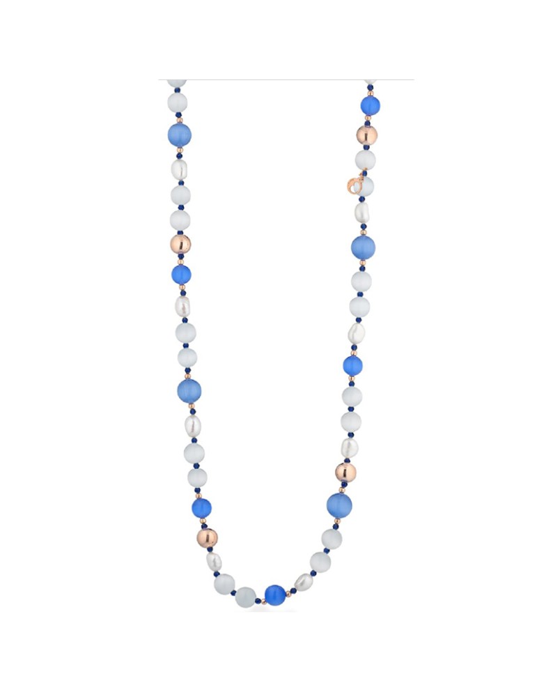 Collana Lelune Glamour - Spring con Occhio di Gatto Blu, Cristalli di Rocca e Perle d’Acqua Dolce - LGNK406.3