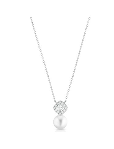 Collana Lelune Glamour - Luxury Rombo con Perla Freshwater 8,5-9 mm e Zirconi Bianchi - LGPN02