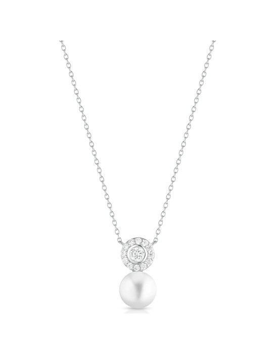 Lelune Glamour Necklace - Luxury with 8.5-9 mm Freshwater Pearl and White Zircons - 0