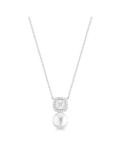 Lelune Glamour Necklace - Luxury Square with 9-9.5 mm Freshwater Pearl and White Zircons - 0