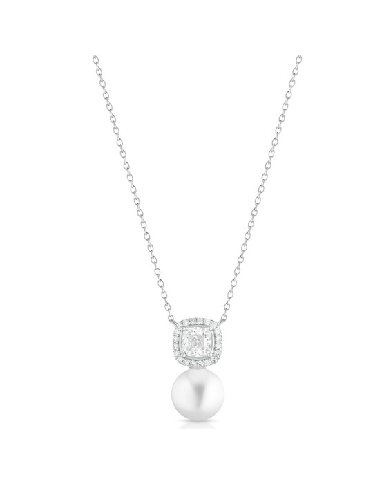 Collana Lelune Glamour - Luxury Quadrato con Perla Freshwater 9-9.5 mm e Zirconi Bianchi - LGPN04