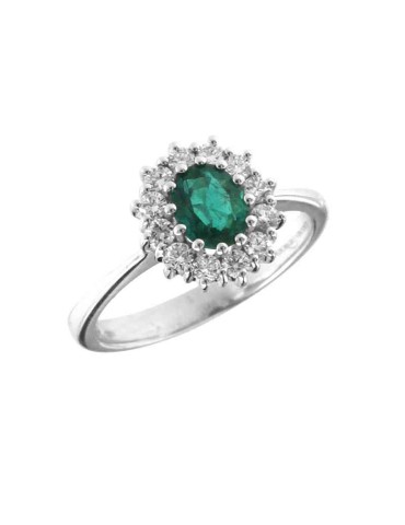 Giorgio Visconti Ring - 18K White Gold Rosette with Emerald and Natural Diamonds 0.32 ct - 0