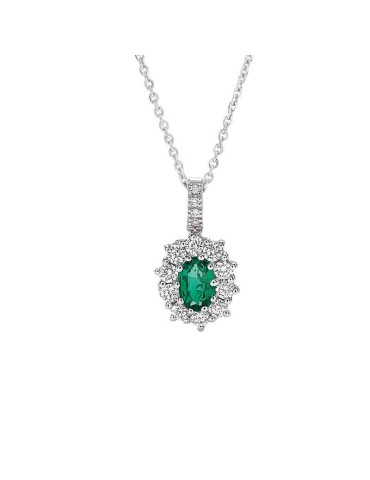 Giorgio Visconti Necklace - 18K White Gold Rosette with Emerald and Natural Diamonds 0.36 ct - 0