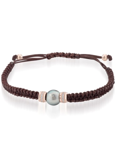 Bracciale Lelune Glamour-Cordino Marrone-Perla Tahiti-9-10 mm-LGBR4911