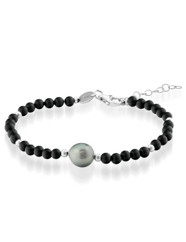 Bracelet Lelune Glamour-White-Black Agate-of-Pearl Tahitian-9 - 10mm-LGBR495