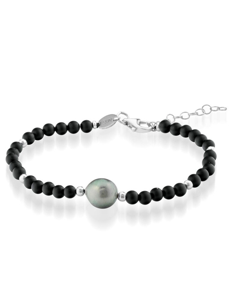 Bracciale Lelune Glamour-White-Agata Nera-Perla Tahiti 9 - 10mm-LGBR495