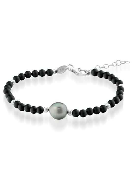 Bracciale Lelune Glamour-White-Agata Nera-Perla Tahiti 9 - 10mm-LGBR495