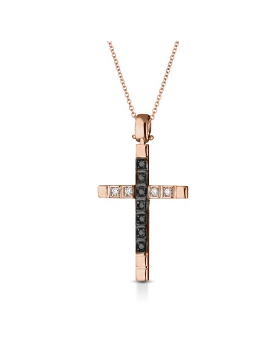 Lelune Diamonds Necklace - 18K Rose Gold with Cross Pendant and 0.07ct Black Diamonds - 0