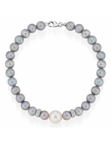 Lelune Bracelet-18Kt White Gold-Grey Pearls-White Zircons-LLBR035