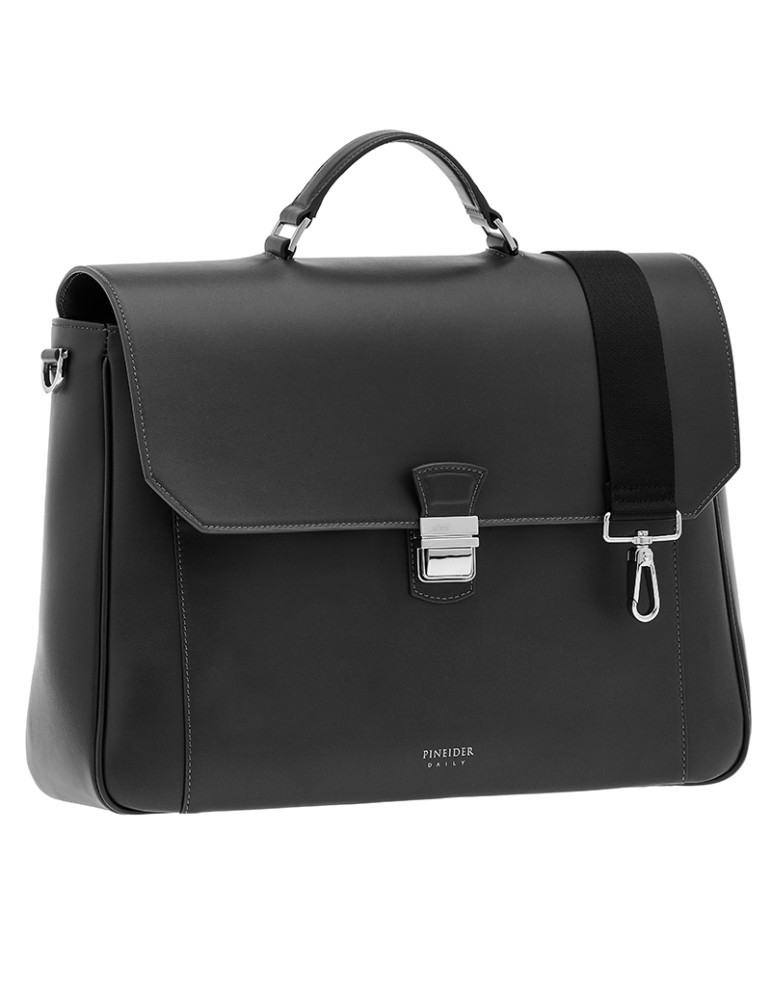 Pineider Briefcase - Smooth Black Calfskin - Flap - PSL004056