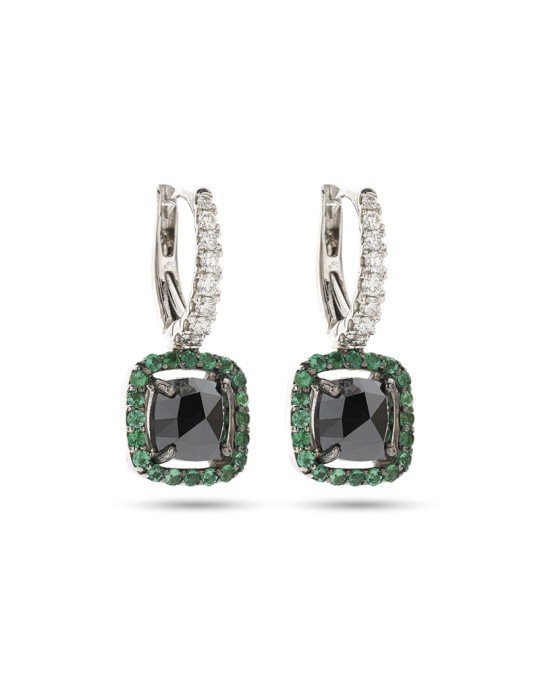 Buonocore Earrings - in 18K White Gold with Black Diamonds, White Diamonds and Emeralds - 0