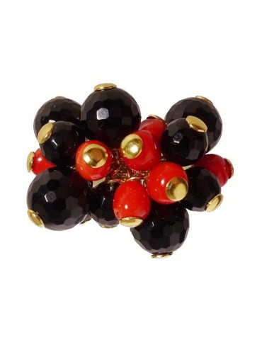 Anello Rajola-Argento 925% Dorato-Onice Nero-Corallo Rosso-45-466-2AN