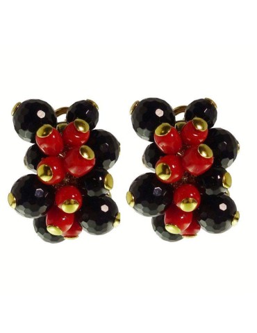 Orecchini Rajola - Argento 925% Dorato -Onice-Corallo Rosso-45-466-2OR