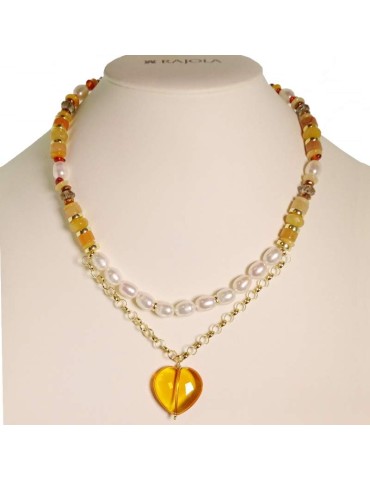 Collana Rajola - Argento 925% Dorato - Cuore in Ambra e Perle-45-461-6