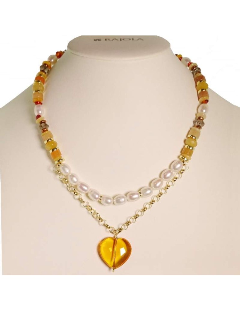 Collana Rajola - Argento 925% Dorato - Cuore in Ambra e Perle-45-461-6