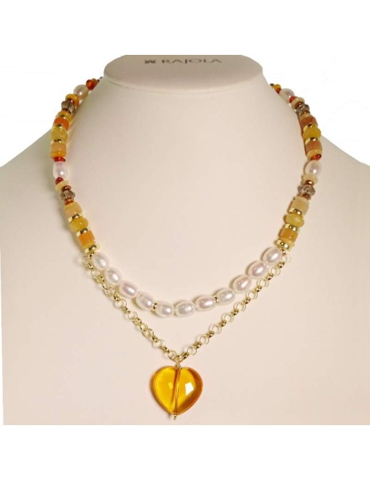 Collana Rajola - Argento 925% Dorato - Cuore in Ambra e Perle-45-461-6