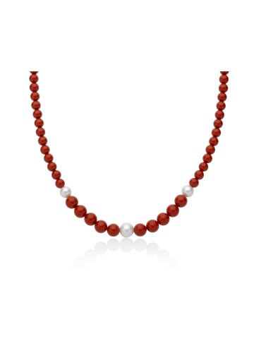 Collana Miluna - Terra e Mare con Agglomerato Corallo Rosso e Perle - 0