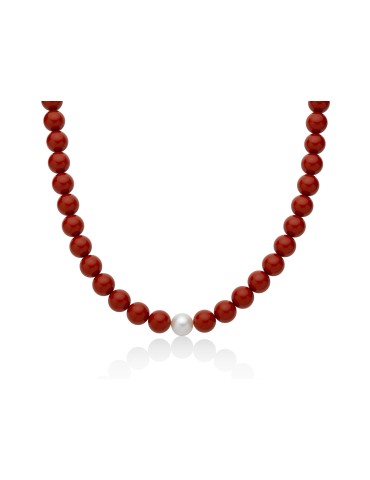 Collana Miluna - Terra e Mare con Agglomerato Corallo Rosso e Perla 9,5-10 mm - 0