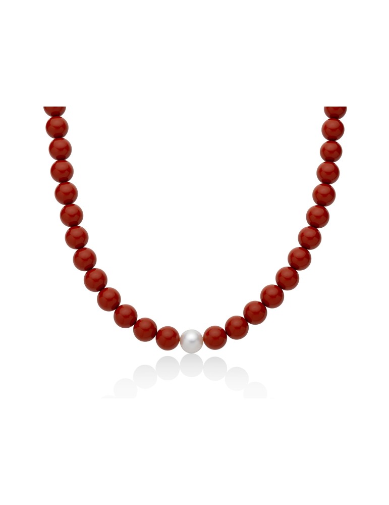 Miluna Necklace - Earth and Sea with Red Coral Agglomerate and Pearl 9.5-10 mm - 0