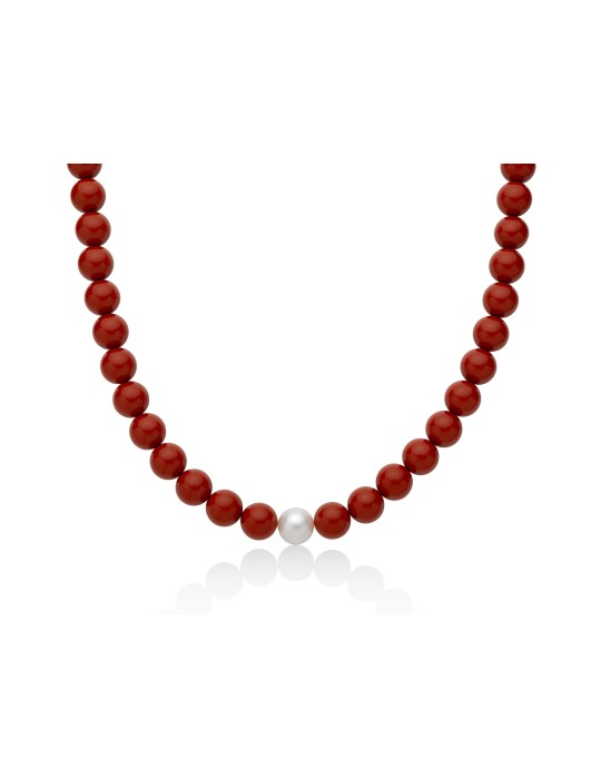 Miluna Necklace - Earth and Sea with Red Coral Agglomerate and Pearl 9.5-10 mm - 0