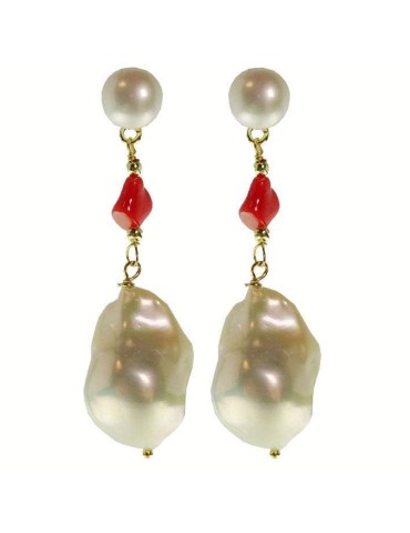Rajola Earrings - 925% Silver Gilded - Pearls-Red Coral-45-857-10