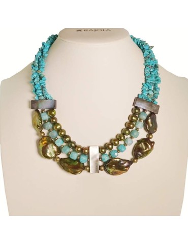 Rajola Necklace - Chakra - Choker - Turquoise Paste - Pearls-54-493-2