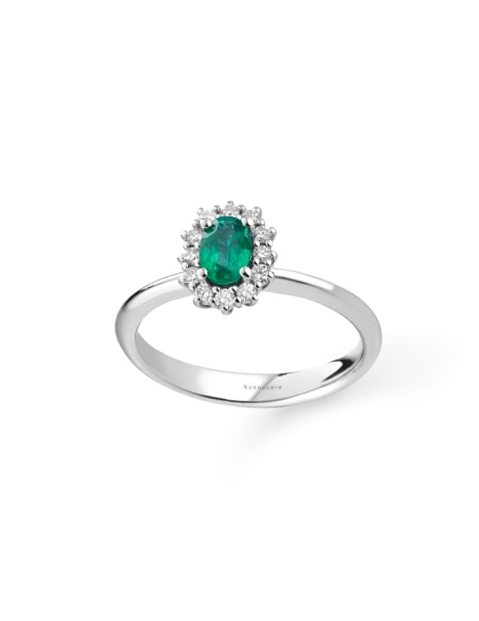 Buonocore Ring - 18K White Gold Rosette with Emerald and 0.55 ct Natural Diamonds - 0