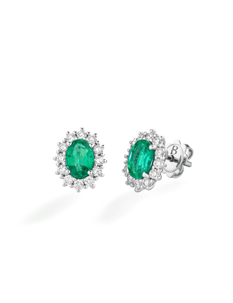 Buonocore Earrings - Rosette in 18K White Gold with Emeralds and Natural Diamonds (0.42 ct - 0