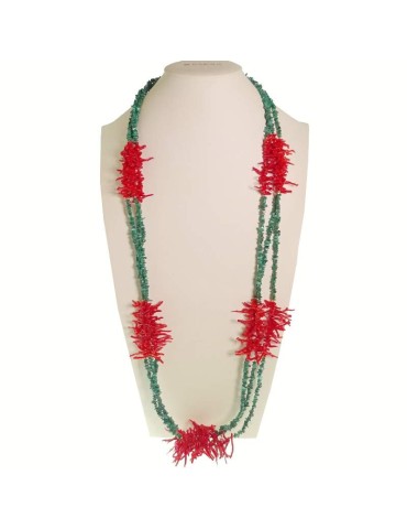 Rajola Necklace - Long - Multistrand - Green Agate - Red Coral - 54-494-4L