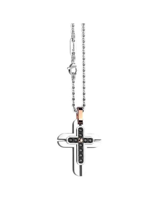 Collana Zancan - Hi-Teck - Acciaio 316L -  Croce -Spinelli Neri-EHC202