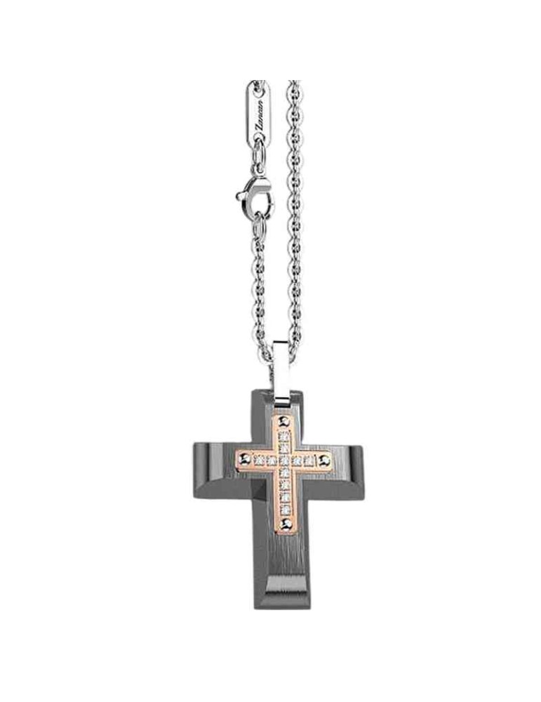 Collana Zancan-Acciaio 316L Nero-Croce Pendente-Zaffiri Bianchi-EHC231