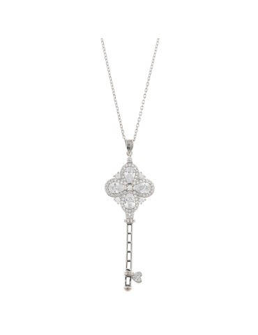 Salvatore Plata Necklace - Rhodium Plated - Diamonds-Key Pendant-112C0120