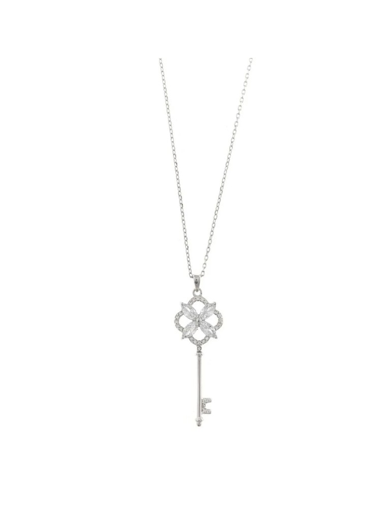 Salvatore Plata Necklace-925% Rhodium Plated Sterling Silver-Key-Crystals-112C0122
