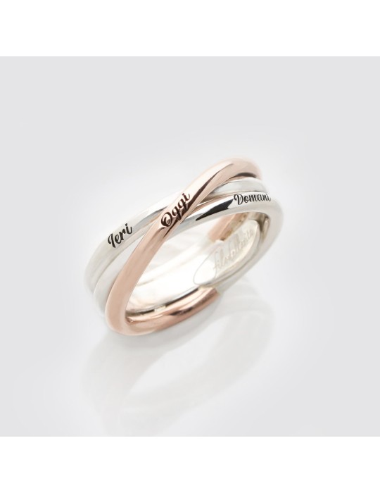Anello Rubinia - Filodellavita in Argento 925% ed Oro Rosa 9 Carati - 3 fili Personalizzabile - Misura 16 - 0