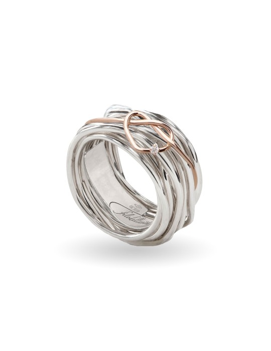 Rubinia Ring - Filodellavita Classic 13 Strands in 925% Silver and Knotted Heart in 9kt Rose Gold - Size 16 - 0