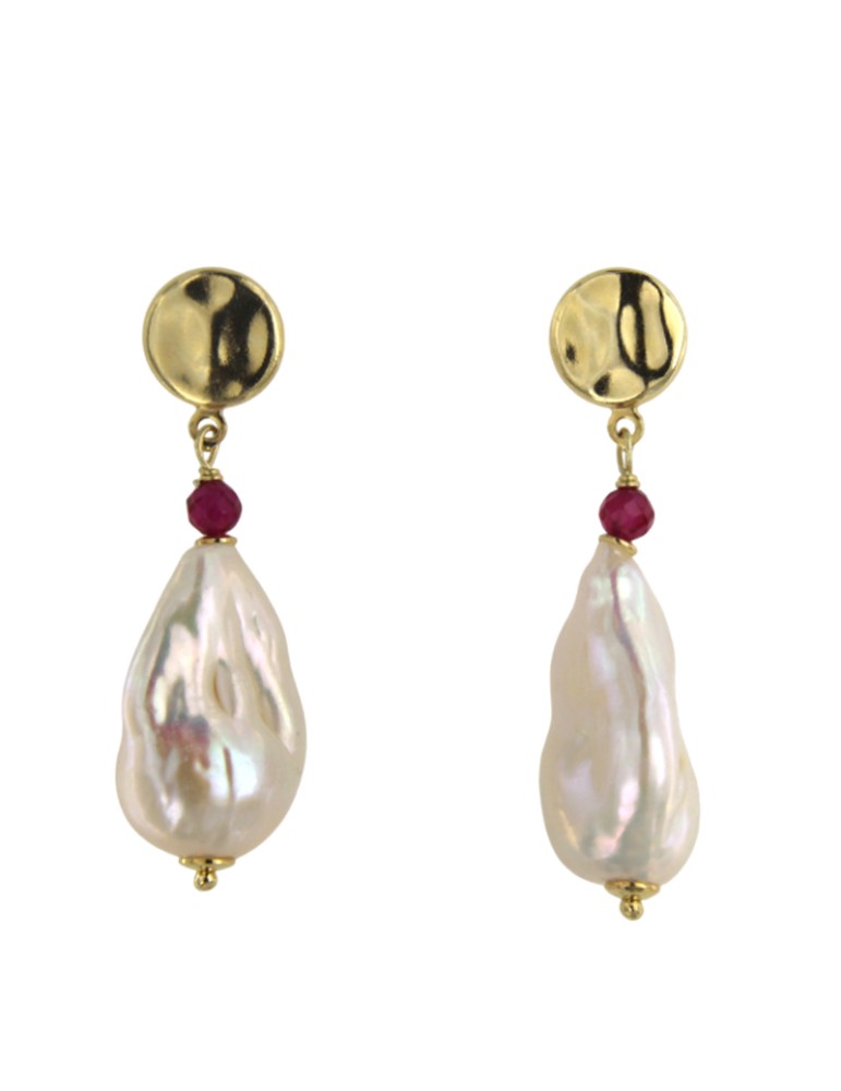 Jadan Earrings -925% Silver Golden-Baroque Pearls-Rubelite-GIADAN70