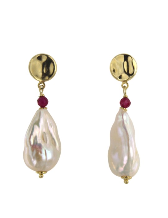 Jadan Earrings -925% Silver Golden-Baroque Pearls-Rubelite-GIADAN70