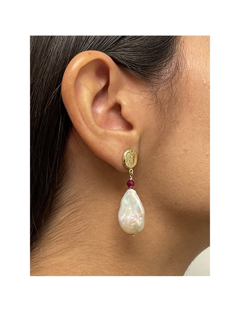Jadan Earrings -925% Silver Golden-Baroque Pearls-Rubelite-GIADAN70