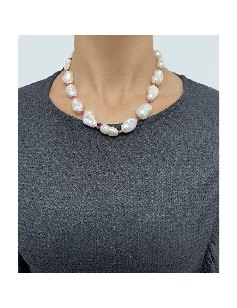 Jadan Necklace - 925% Silver Gilded-Baroque Pearls-Rubellite-GIADAN61