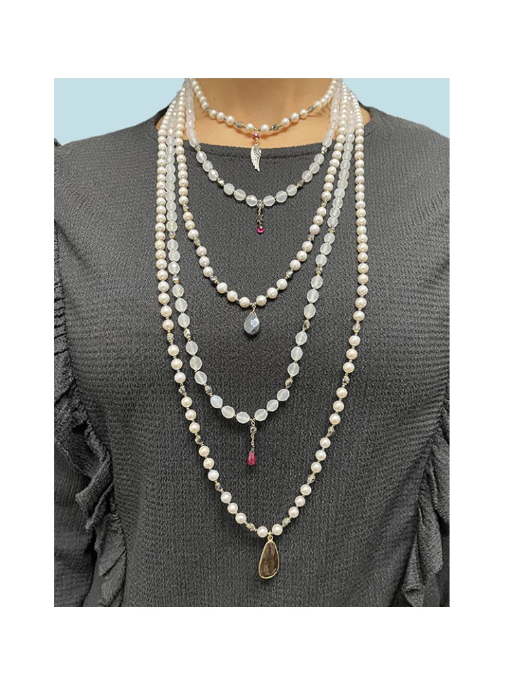 Giadan Necklace - Multistrand - Silver 925% Golden - Pearls-Agate-GIADAN66