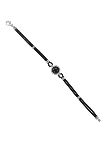 Bracciale Giovepluvio - in Cordino Nero e Rosa dei Venti in Oro Bianco 18 Carati - 0 2