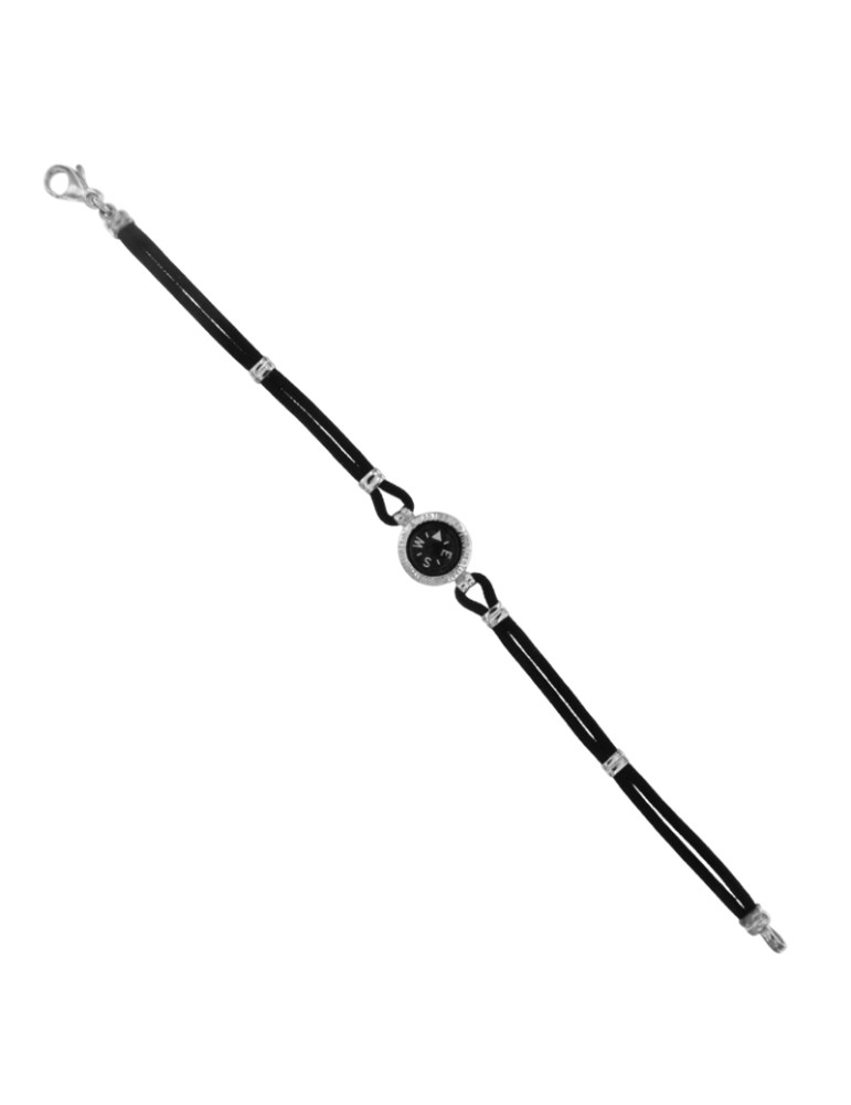 Giovepluvio Bracelet - in Black Cord and 18K White Gold Compass Rose - 0