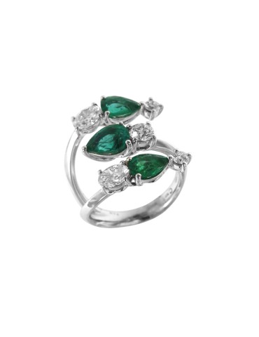 Crivelli Ring - in 18K White Gold with Natural Diamonds and Green Emeralds - 0