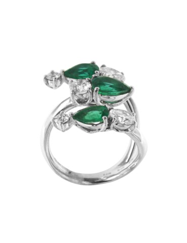 Crivelli Ring - in 18K White Gold with Natural Diamonds and Green Emeralds - 0 2