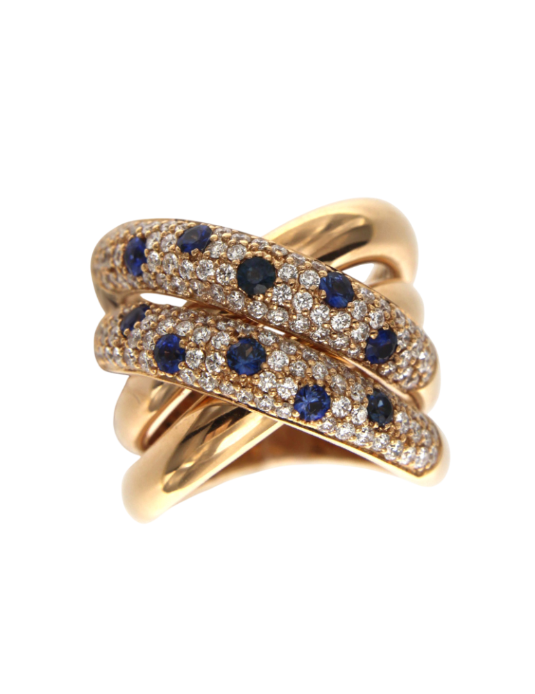 Anello Crivelli - a Fascia in Oro Rosa 18 Carati con Zaffiri Blu e Diamanti Naturali 1,35 ct - 0