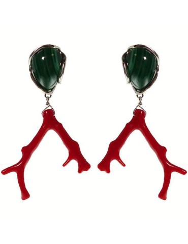Rajola Earrings - Pendants - Malachite - Red Coral - 45-464-2ORL