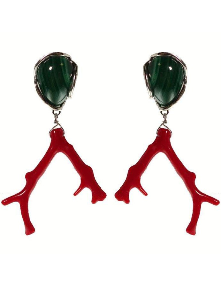 Rajola Earrings - Pendants - Malachite - Red Coral - 45-464-2ORL