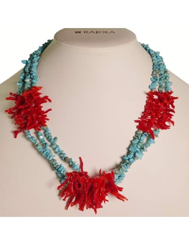 Collana Rajola - Multifilo - Turchese-Frange di Corallo Rosso-54-494-3