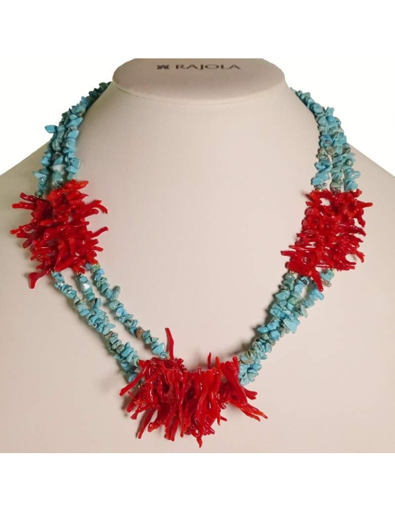 Collana Rajola - Multifilo - Turchese-Frange di Corallo Rosso-54-494-3
